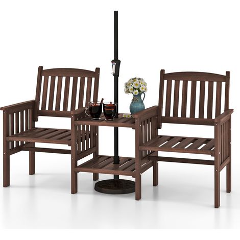Set di mobili da giardino a 2 posti in legno di abete, set da giardino con 2 sedie a doghe, tavolino e foro per ombrellone da 5 cm, marrone (1/5)