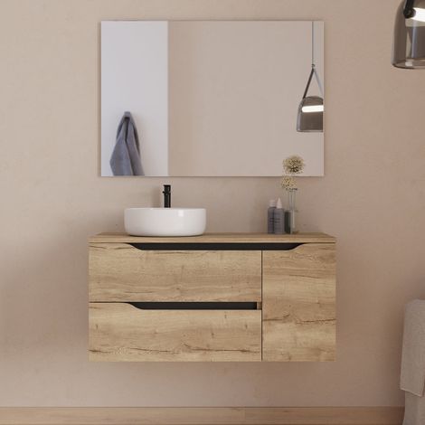 Meuble de salle de bain 100cm avec plateau, vasque à poser déportée à gauche Ares et miroir - 2 tiroirs et un placard - madera miel (bois clair) - ZARZA