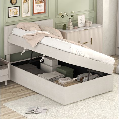 Einzelbett mit Stauraum 90x200 Beige mit Lattenrost OKMYHOME (1/5)