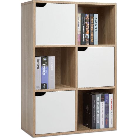 Mondeer – Bibliothèque étagère de rangement 6 compartiments – 3 ouverts et 3 avec portes – Dimensions 60.5 x 30.3 x 90 cm – Chêne et blanc