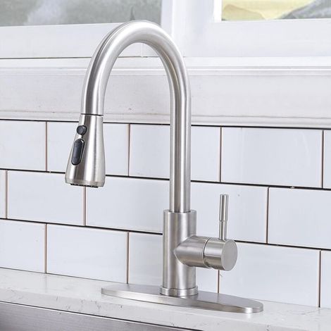 Robinet de cuisine avec douchette extractible, robinet en nickel brossé pour évier de cuisine, robinet d'évier en acier inoxydable (1/5)