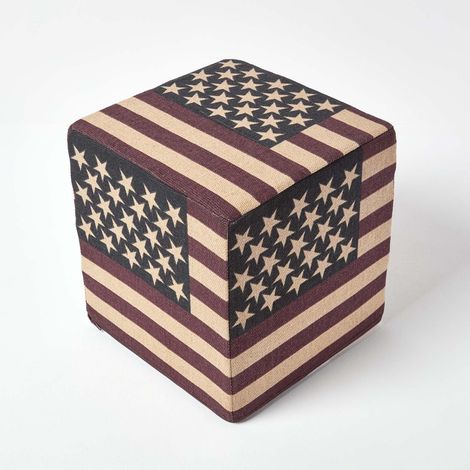 HOMESCAPES Cotton Square Pouffe Vintage USA Flag, 36 x 36 x 38 cm