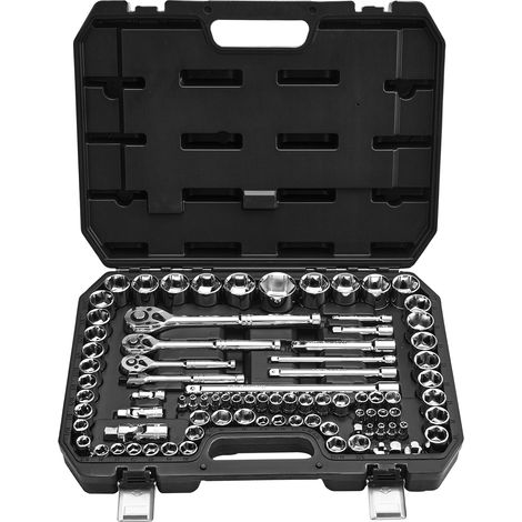 VEVOR Juego de Vasos de 9,5/6,4/12,7 mm, SAE y Metrico, Juego de Herramientas con Llave de Trinquete, Accesorios y Estuche de Almacenamiento, Acero de Aleación CR-V, 450 x 345 x 95 mm, 86 uds (1/5)