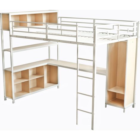 Metall-Hochbett 140x200 cm mit Schreibtisch und Kleiderschrank, Weiß und Natur (1/5)