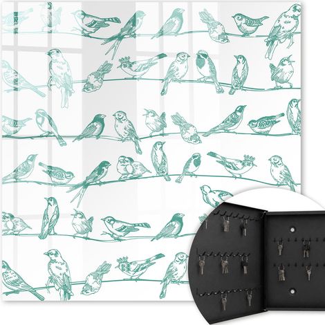 Armoire à clés - (30 cm x 30 cm) - Boîte à clés murale - Coffret de rangement pour clés - Couleur noire - Ouverture vers la gauche - Pour maison et bureau - Oiseaux sur les branches