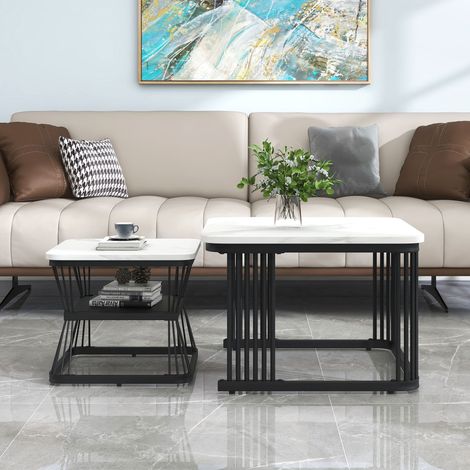 Tavolini da salotto set di 2 impilabili 65x65x45 cm+45x45x39,5 cm MDF con impiallacciatura in PVC, bianco e nero (1/5)