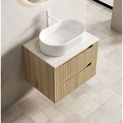 Mobile lavabo sospeso 60x46x62,2 cm, in legno bianco, con cassetti, per bagno FloraGrace (1/5)
