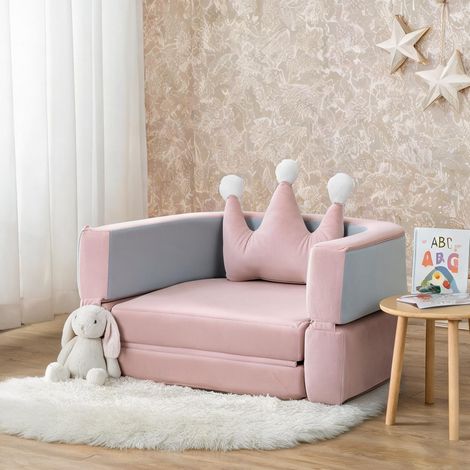 Sofa enfant convertible en velours rose mousse ferme coloris rose (1/5)