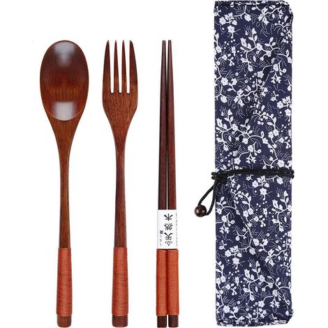 Ensemble de couverts en bois (baguettes, cuillère et fourchette) - Ustensiles de voyage réutilisables pour la maison, le bureau, les voyages et le camping. (1/5)