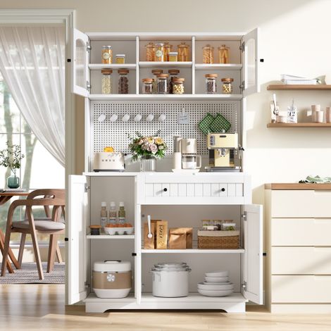 Vitrine avec portes, meuble de cuisine, armoire haute, étagères réglables, panneau métallique perforé, blanc, 103,5 × 40 × 180 cm. (1/5)