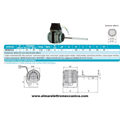 EMI 3BTM 25-20-A0/12 Motore 85 W  BIALBERO 6 Velocità aspiratore Fan Coil