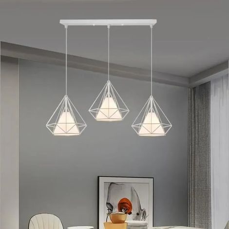 Suspension Luminaire Industrielle en Fer Forge Blanc Lustre Plafonnier en Diamant Cage Vintage pour Salon Chambre (1/4)