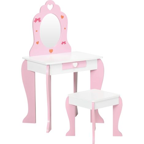 Specchiera Giocattolo per Bambini 50x36,5x89,5 cm con Sgabello in MDF Bianco e Rosa (1/5)
