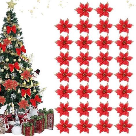 30Pcs Fleurs de Noel,Décorations de Noël,Fleurs pour sapin de Noël,Noël Décor De Fleurs,Fleurs De Noël de Artificielles-rouge (1/4)