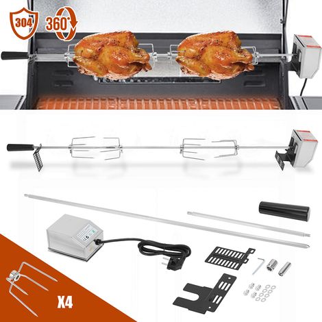 Randaco Kit asador giratorio eléctrico 117 cm para barbacoa y ahumador, acero inoxidable, 4 tenedores, rotación 2 rpm