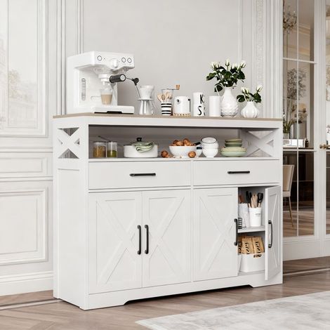 Buffet - 140 x 40 x 105 cm - 2 porte - 2 cassetti - Bianco e legno (1/5)