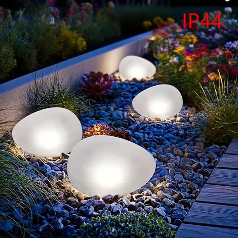 Lot de 3 lampes solaires imitation pierre, éclairage extérieur simulé, lampes d'ambiance sphériques à LED, lumière blanche (1/4)