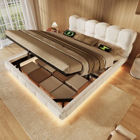 Modernluxe - Lit coffre rembourré 140x200cm - avec lumière LED et port USB - design flottant - tissu chenille - Beige (sans matelas) (1/5)