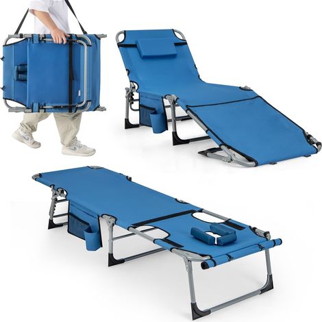 COSTWAY Tumbona Jardin Exterior, Tumbona Plegable con 5 Posiciones de Respaldo, Reposapiés Ajustable, Orificio, Almohada Extraíble, Tumbona Playa Piscina Jardin (Azul) (1/5)