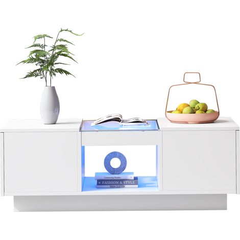 Table basse blanche 100 x 50 x 35,5 cm – avec panneaux en verre, éclairage LED, contrôle via application, 2 tiroirs et 1 compartiment ouvert (1/5)