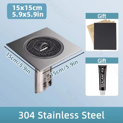 (15x15cm)Large Square Bathroom Floor Drain with Hair Catcher Floor drain Core 304 Stainless Steel Universal Bathroom Accessories (1/4)