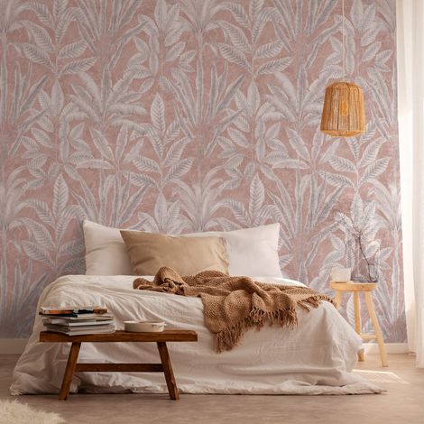 Fototapete Profhome 393161 heißgeprägte Vliestapete glatt mit Palmen matt rosa grau weiß 1,59 m x 2,8 m