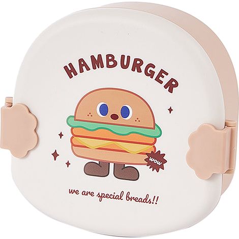 Bento-Box für Kinder mit weißem Deckel im Hamburger-Design, dekorativen Fächern im Cartoon-Stil, ideal für Schule und Mittagessen.