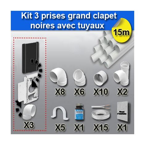 Ensemble 3 prises grand clapet avec tuyaux - couleur au choix - noir