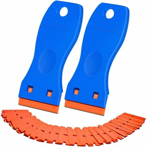 Grattoir Plaque Induction, 2 pcs Grattoir Vitre + 100 Lames Rechange, Raclette Vitroceramique Grattoir Peinture, Soft-Touch Lame Grattoir Poele Vitroceramique (Bleu) (1/5)