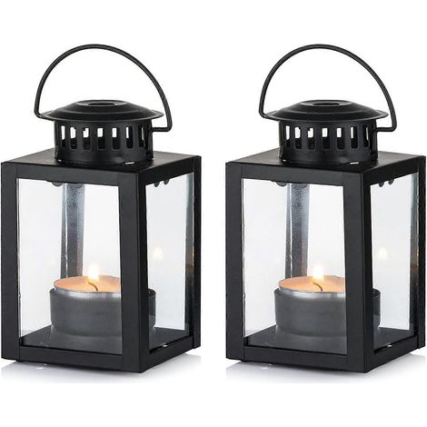 Lanternes pour bougies, lanternes de jardin, lot de 2 petites lanternes suspendues style vintage pour bougies chauffe-plat, porte-bougies noirs pour intérieur et extérieur (1/5)