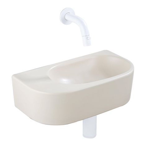 QeramiQ Fuente Ensemble de Lavabo - 40x21.5x12cm - lisse - demi-rond - sans trou pour robinet - céramique - ensemble de robinet blanc mat - bouchon de