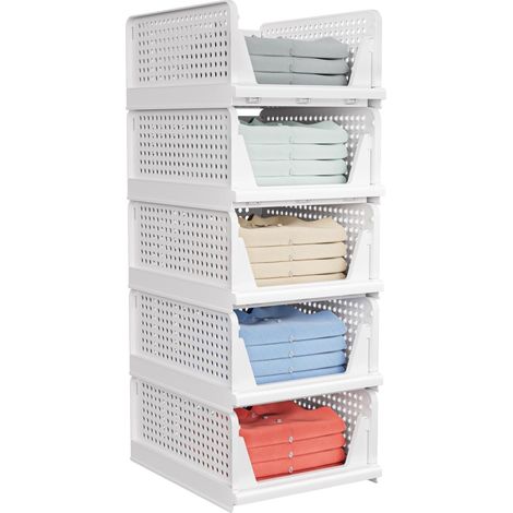 Boîte De Rangement Empilable - 43 x 33,5 x 18,5 cm - Pour Armoire À Vêtements Cuisine Salle De Bain Bureau - Lot De 5 - Blanc