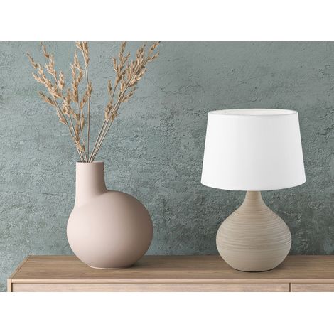 LED Tischleuchte Keramik Cappuccino mit Stoff Lampenschirm Weiß, Höhe 29cm (1/5)