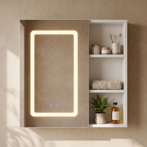 Armoire de toilette murale avec HD miroir, LED, antibuée intelligent, rangement multifonctionnel, mobilier salle de bains moderne, 60x60x15 cm, Blanc