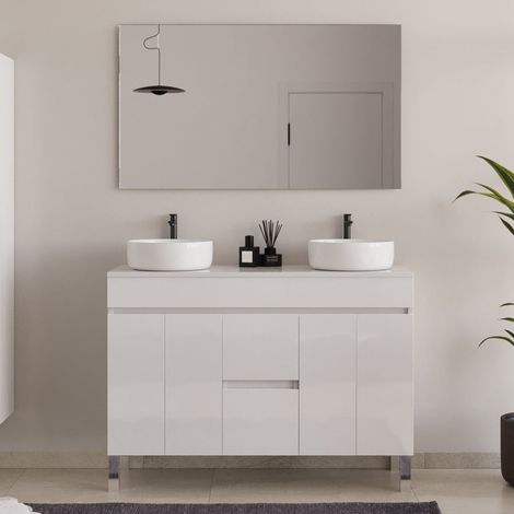 Meuble de salle de bain 120cm sur pieds avec plateau et deux cuves à poser rondes - portes et tiroirs - blanc - HARO (1/5)