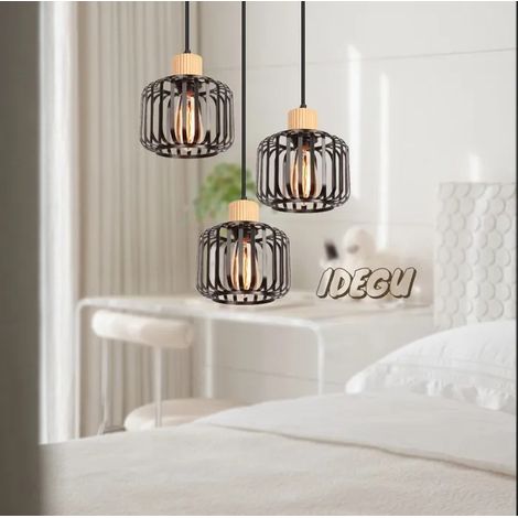 Lampe Suspension - - Rétro - Bois et Métal - 3 Ampoules - E27 - 60W (1/5)