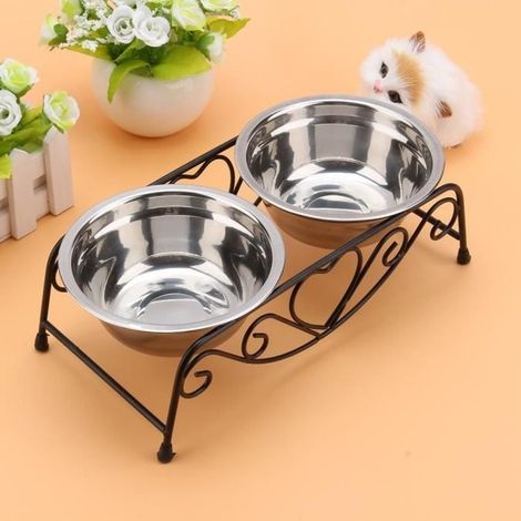 Support de plateaux avec deux bols pour nourriture en acier inoxydable pour animaux de compagnie Set de bols pour chat-chien (1/3)