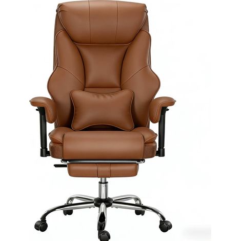 Silla de oficina ergonómica reclinable en PU marrón con reposapiés y respaldo alto (1/5)