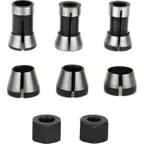 6-teiliges Fräsfutter-Set, 6 mm, 6,35 mm, 8 mm Spannzange, Bündigschneidfutter, Holzbearbeitungs-Fräsfutter, Oberfräsen-Spannzange, Graviermaschinen-Spannzangenadapter + 2 Muttern (1/5)