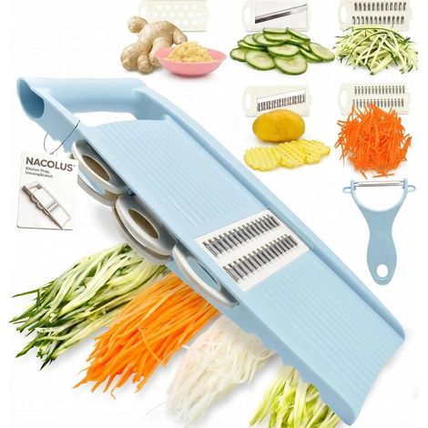 Mandoline 5 en 1 pour cuisine, trancheuse à légumes multi-lames, croustilles, légumes, julienne et éplucheur pour petits travaux en cuisine - Bleu (1/5)