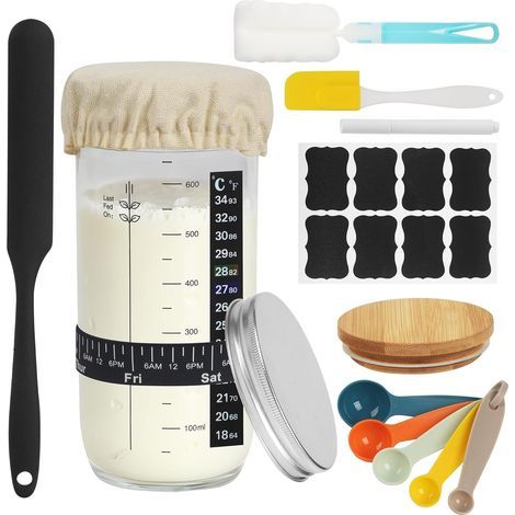Yeast Starter Jar, Sourdough Baker, Reusable Baking Accessory with Aluminum Lid, Temperature Strip, Fermentation Cloth, Dated Feed Strip (700ML) (1/5)