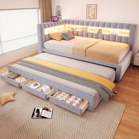 Lit gigogne 90x190 cm velours gris clair, LED, rangement, gain de place, sans matelas – MEUBLIV (1/5)