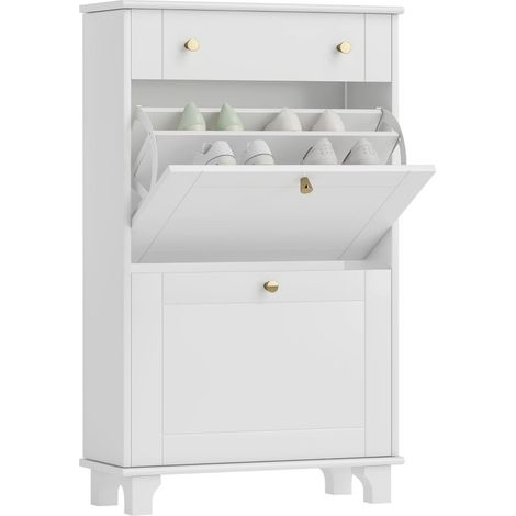 Schmaler Schuhschrank mit Klappschubladen, verstellbarem Einlegeboden, 60 x 23,5 x 98,5 cm, weiß (1/5)