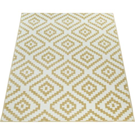 Paco Home Moderno tappeto a pelo corto per il soggiorno con motivo etnico geometrico in giallo e bianco 60x100 cm