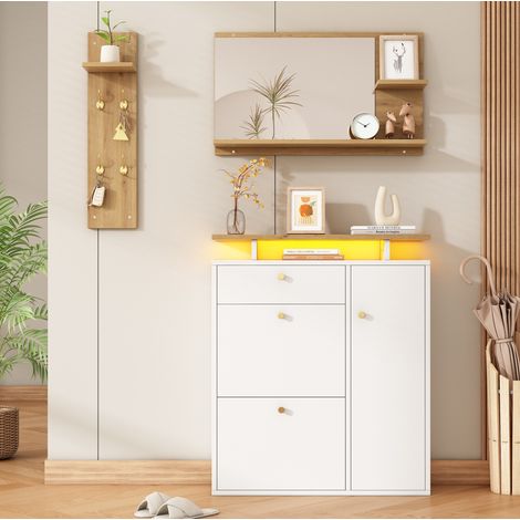 Conjunto de recibidor 105x25x151.5 cm blanco en tablero de partículas con espejo, zapatero, perchero y LED (1/5)