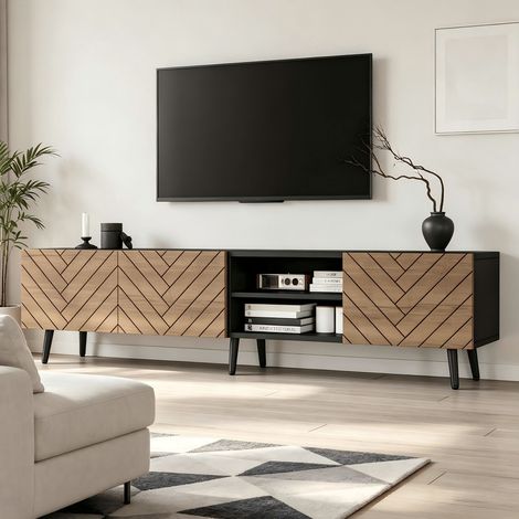 Meuble TV lowboard 180 x 33,5 x 45 cm avec charnières silencieuses et passe-câbles – rangement pour salon (1/5)