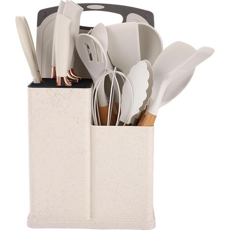 Ensemble de 19 ustensiles de cuisine en silicone, blanc, avec tube de rangement et support de couteaux, résistant à la chaleur pour usage domestique (1/5)