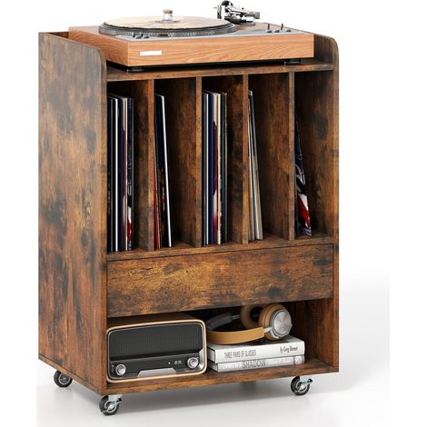 Platine vinyle, disques et enceintes : meuble sur roulettes pour salon ou bureau, 5 compartiments et tiroir (1/5)