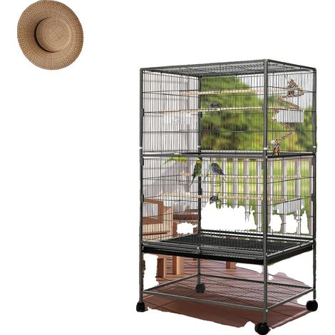 Jaula para pájaros, construcción metálica, 132 x 78 x 52 cm, 2 puertas, 4 comederos, 4 ruedas (1/5)