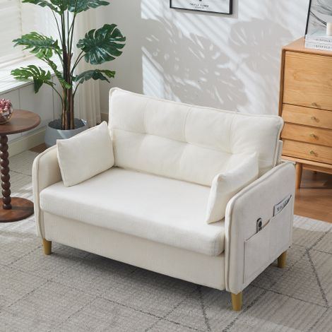 Canapé 2 places 127 cm avec poches latérales, assise confortable, structure stable, bois foncé - beige (1/5)